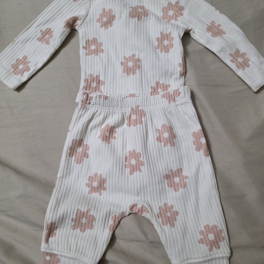 cloud island Cream Ribbed Baby Two-Piece with Blush Floral Print